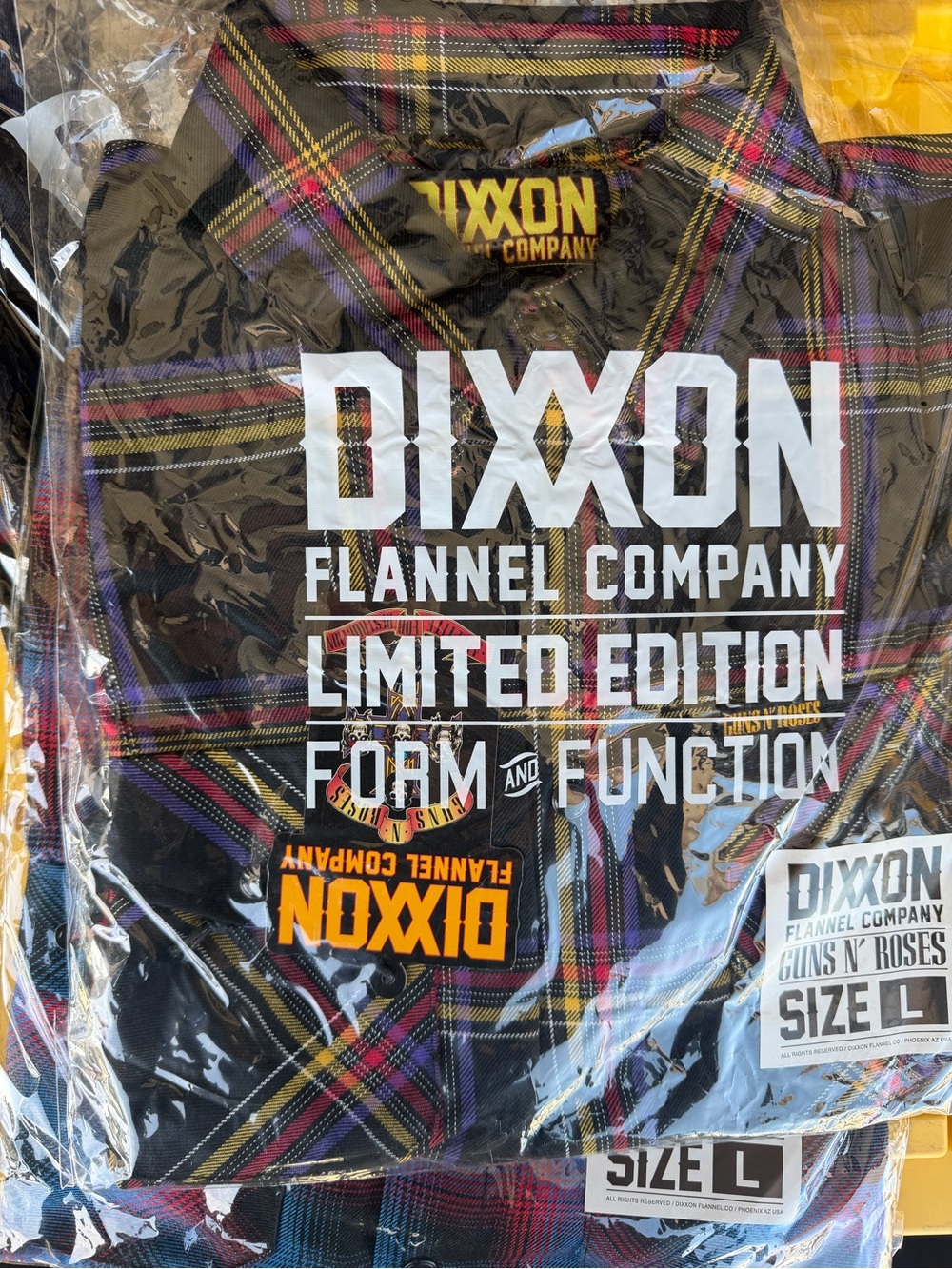 DIXXON guns and roses Black Plaid Flannel Shirt with Purple & Yellow Accents